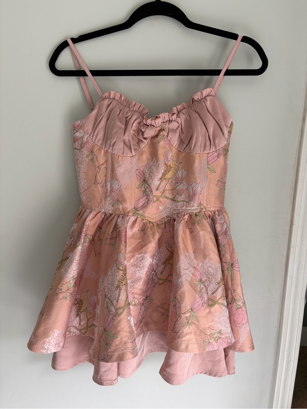 Luluswings Coquette Blush Pink Floral Mini Dress with Bodice and Ruffle Skirt M